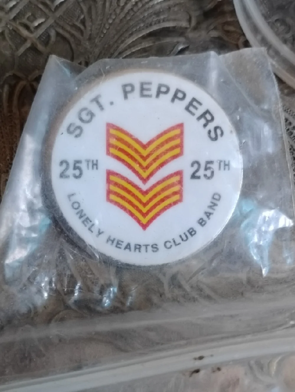 Sgt. Peppers 25th Anniversary Party Button - White with Red & Yellow Design
